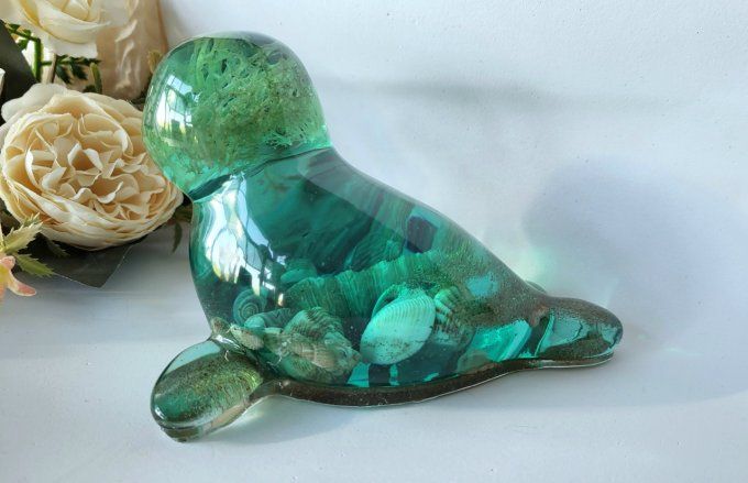 Phoque Otarie figurine artisanale en résine époxy et coquillages océan mer