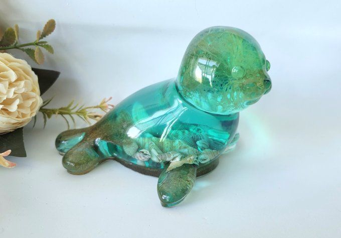 Phoque Otarie figurine artisanale en résine époxy et coquillages océan mer