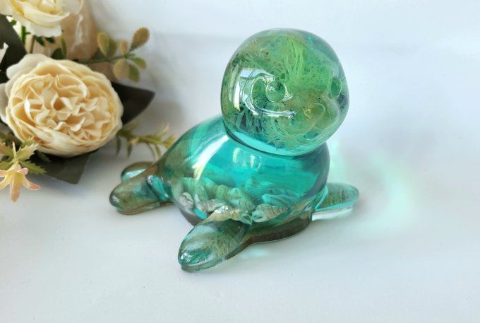 Phoque Otarie figurine artisanale en résine époxy et coquillages océan mer