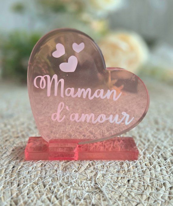 Cœur en résine époxy avec socle et message personnalisé – décoration faite main