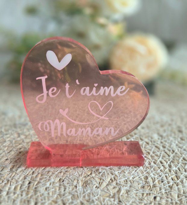 Cœur en résine époxy avec socle et message personnalisé – décoration faite main