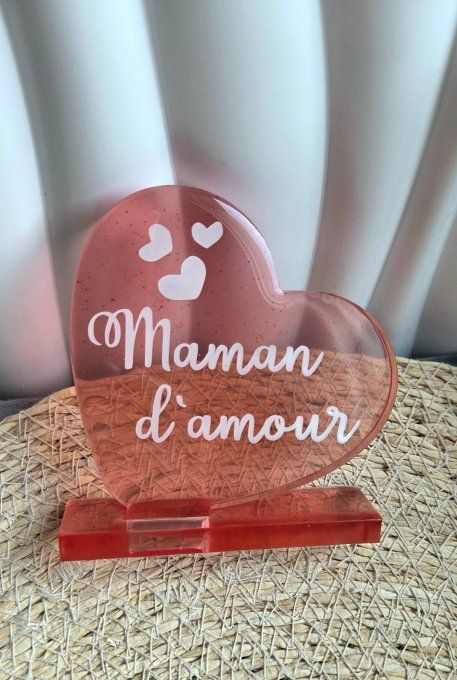 Cœur en résine époxy avec socle et message personnalisé – décoration faite main