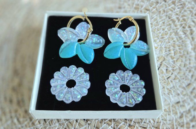 Box boucles d'oreilles pampilles interchangeables en résine époxy - fait mains