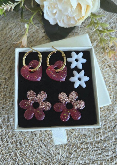 Box boucles d'oreilles pampilles interchangeables en résine époxy - fait mains