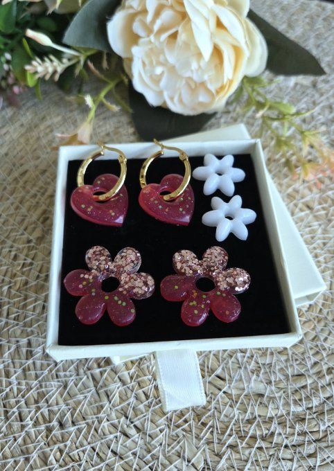 Box boucles d'oreilles pampilles interchangeables en résine époxy - fait mains