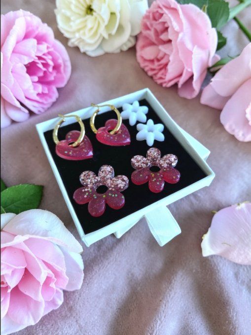 Box boucles d'oreilles pampilles interchangeables en résine époxy - fait mains