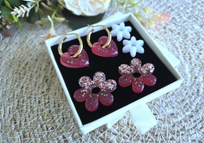 Box boucles d'oreilles pampilles interchangeables en résine époxy - fait mains