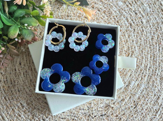 Box boucles d'oreilles pampilles interchangeables en résine époxy - fait mains
