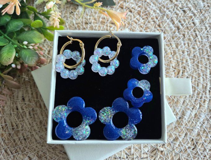 Box boucles d'oreilles pampilles interchangeables en résine époxy - fait mains