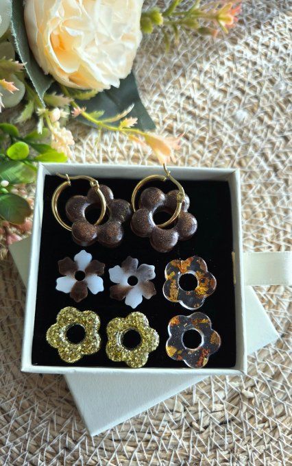 Box boucles d'oreilles pampilles interchangeables en résine époxy - fait mains 