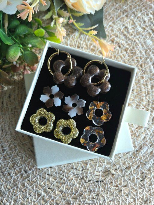 Box boucles d'oreilles pampilles interchangeables en résine époxy - fait mains 