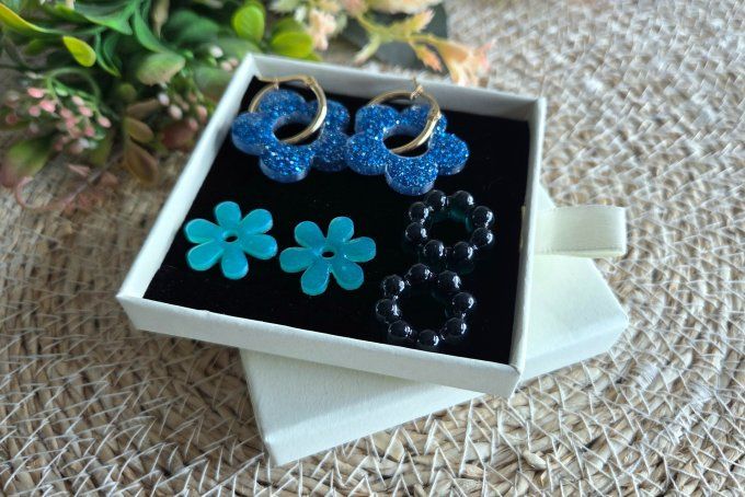 Box boucles d'oreilles pampilles interchangeables en résine époxy - fait mains