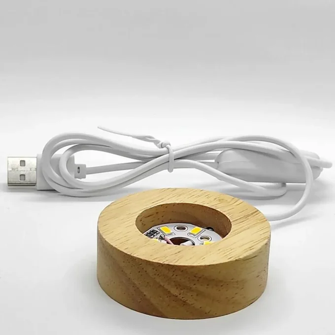 Lampe sphère lumineuse en résine époxy et socle bois usb